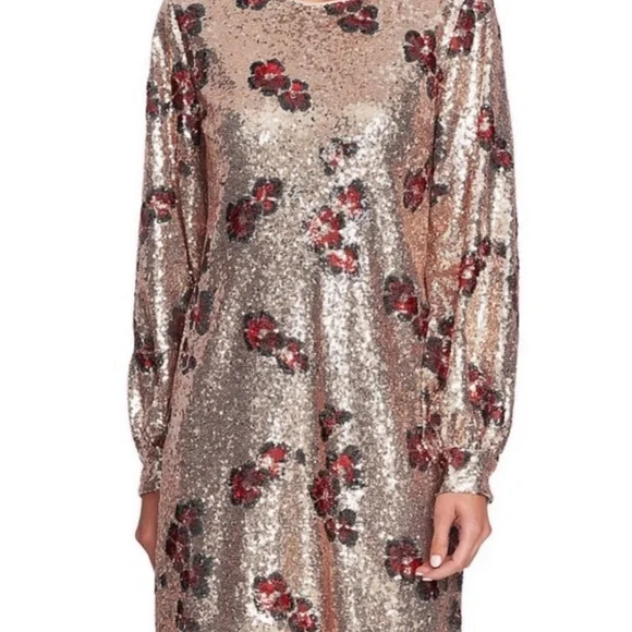 CeCe Floral Print Gold Sequin Long Sleeve Dress - Picture 3 of 9